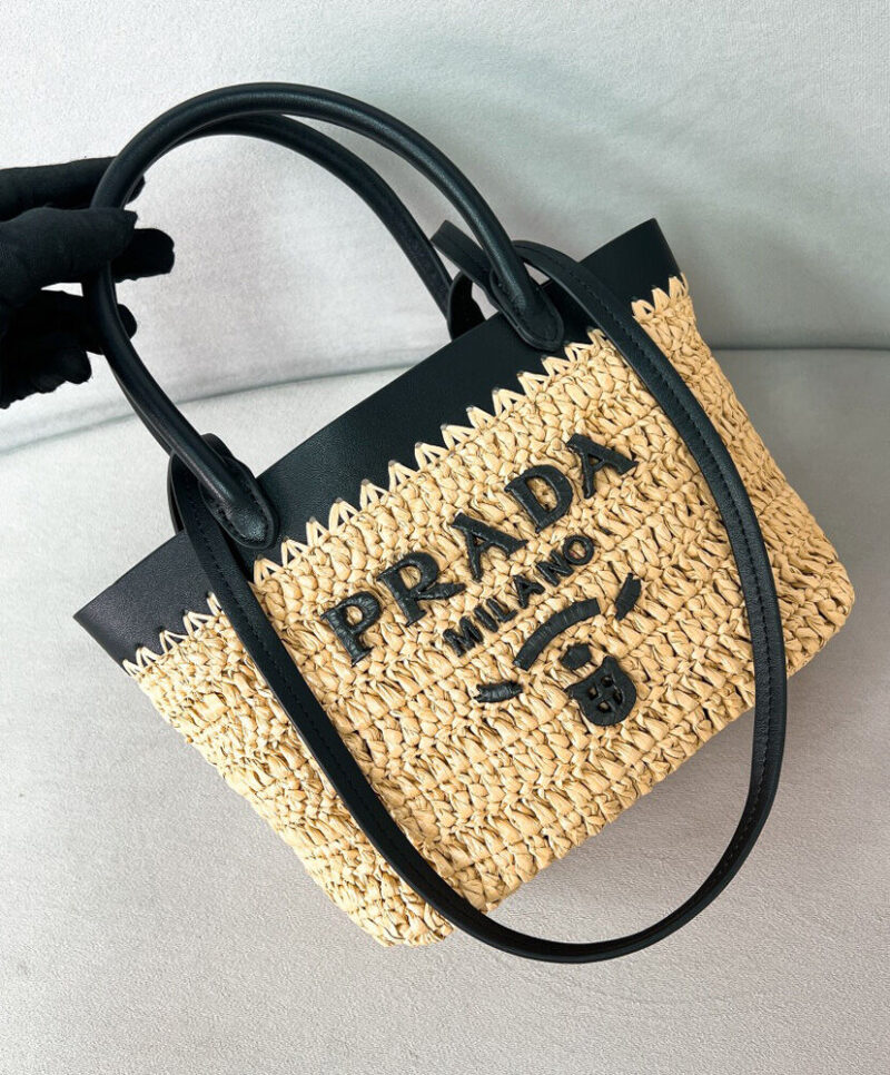 Prada Mini Crochet And Leather Tote Bag 1BG501 Apricot